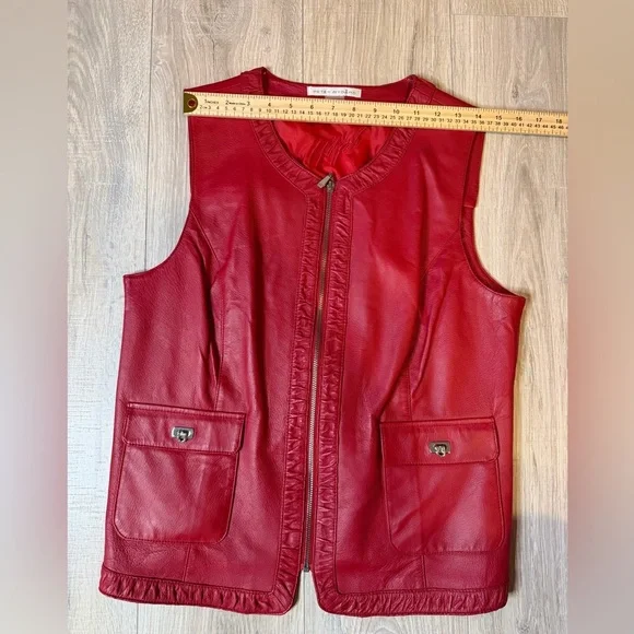 Peter Nygård Women’s Red Genuine Leather Zip Vest Size L Pockets, Stretch Back - Picture 11 of 14